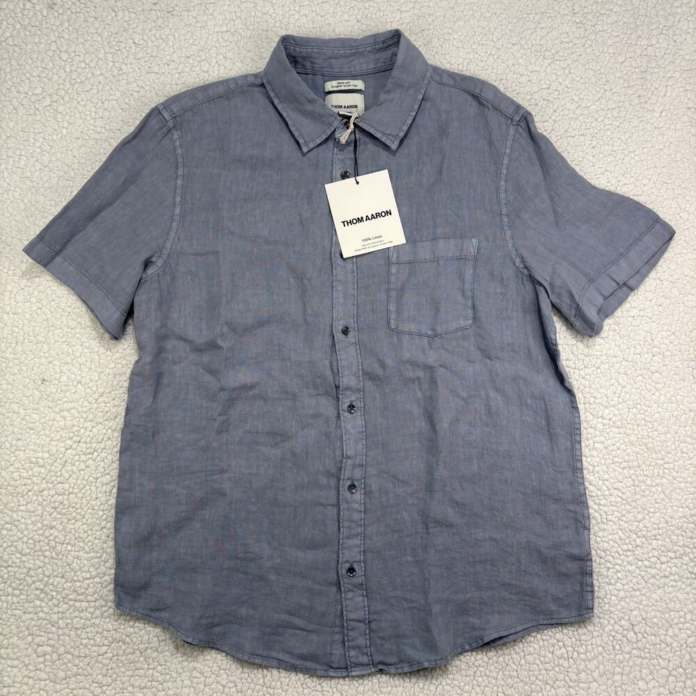 NWT THOM AARON 100% Linen Button Shirt European Flax‎ Blue Mens L Short Sleeve